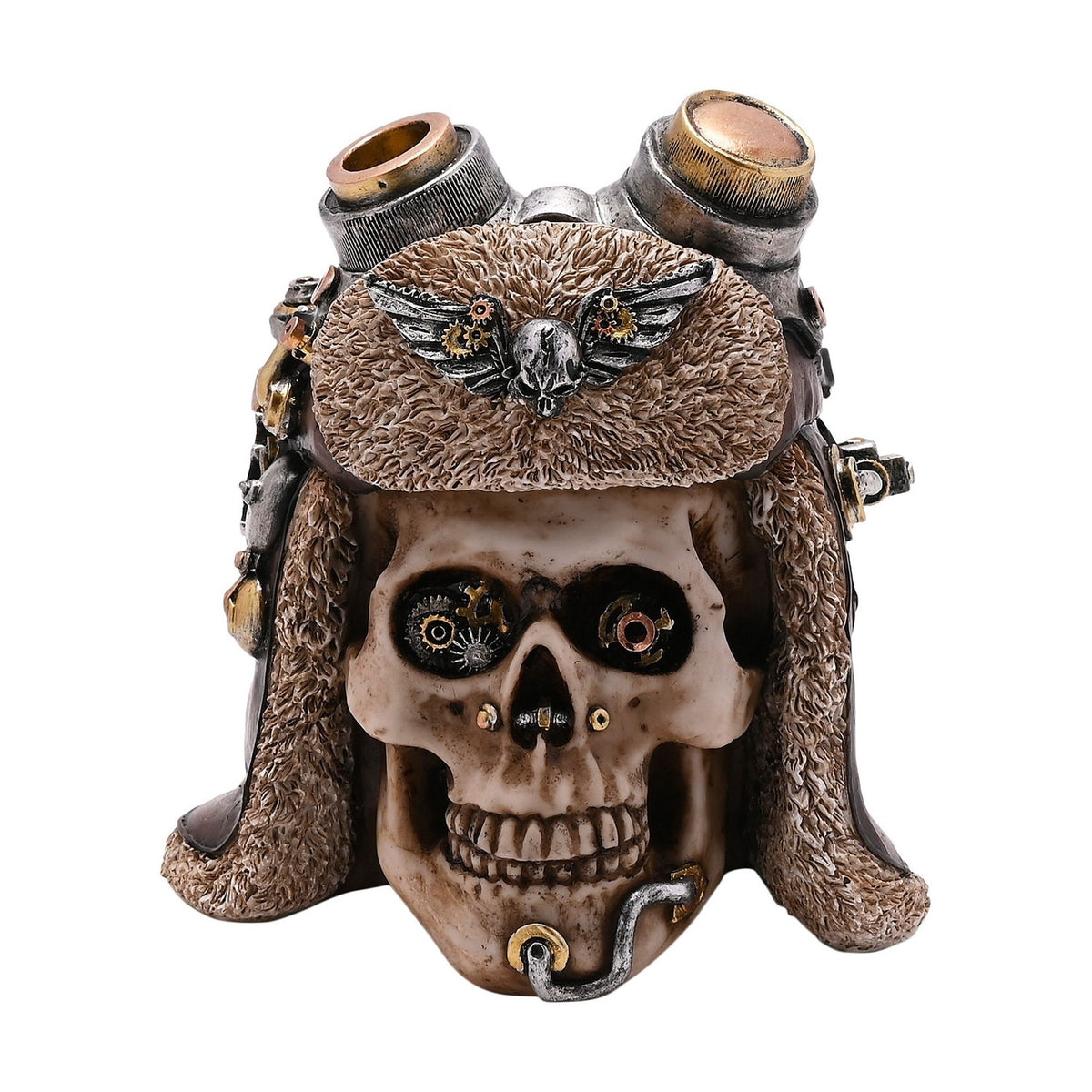 Steampunk Aviator Skull Resin Figurine with Goggles - Brown