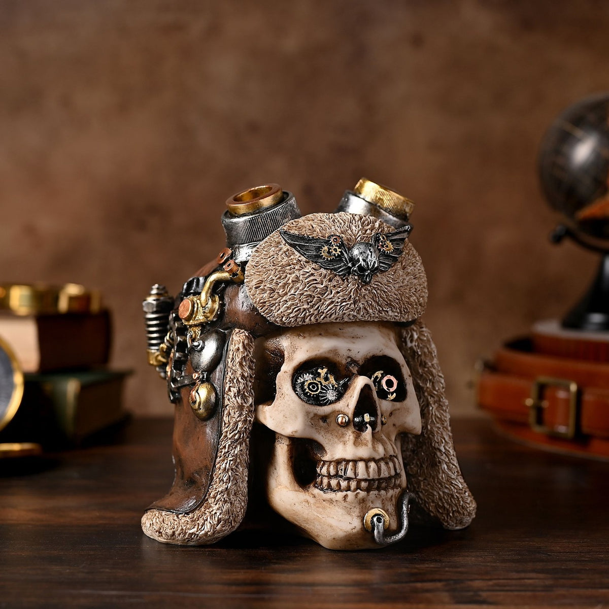 Steampunk Aviator Skull Resin Figurine with Goggles - Brown
