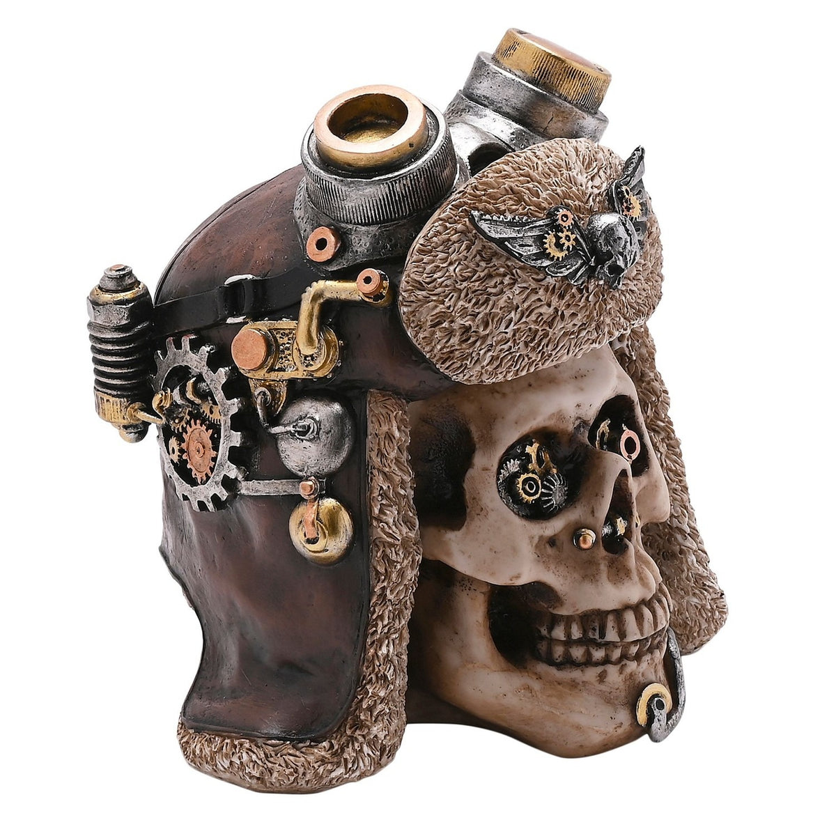 Steampunk Aviator Skull Resin Figurine with Goggles - Brown