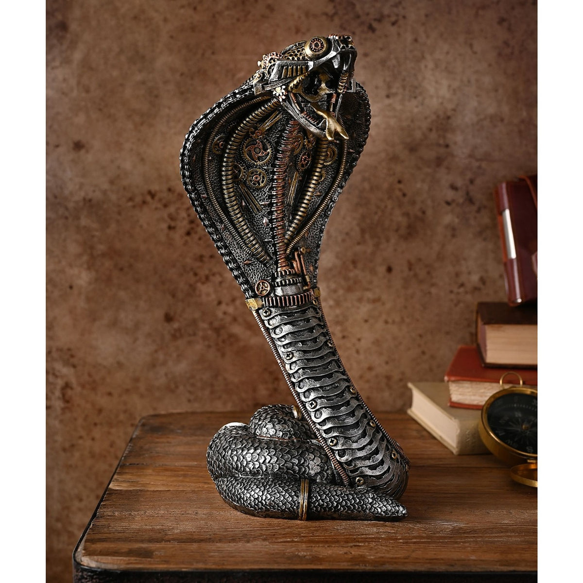 Coiled Steampunk Snake Resin Figurine with Gears - Silver