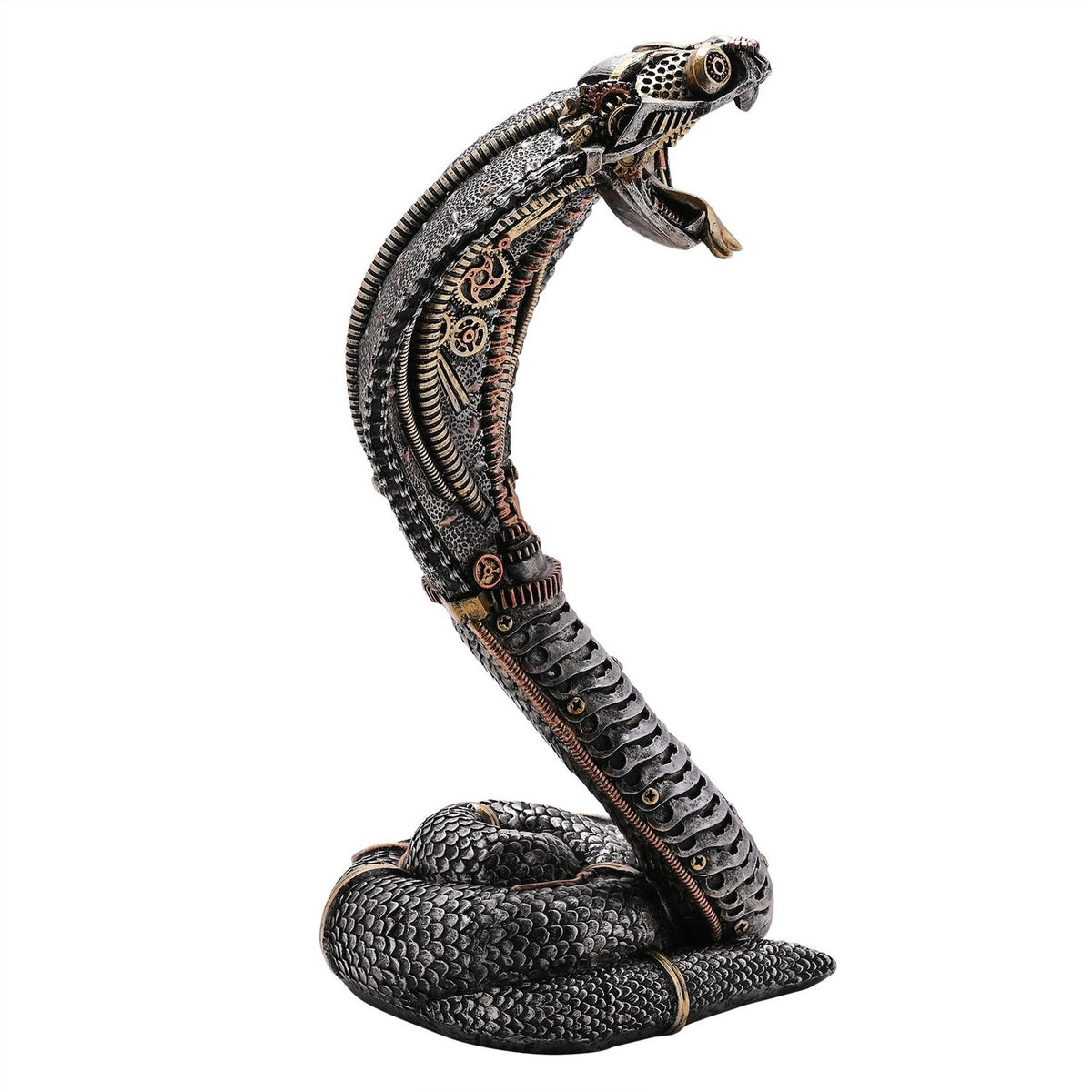 Coiled Steampunk Snake Resin Figurine with Gears - Silver