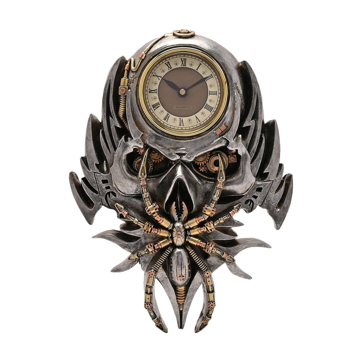 Steampunk Skull & Spider Resin Wall Clock - Silver & Gold