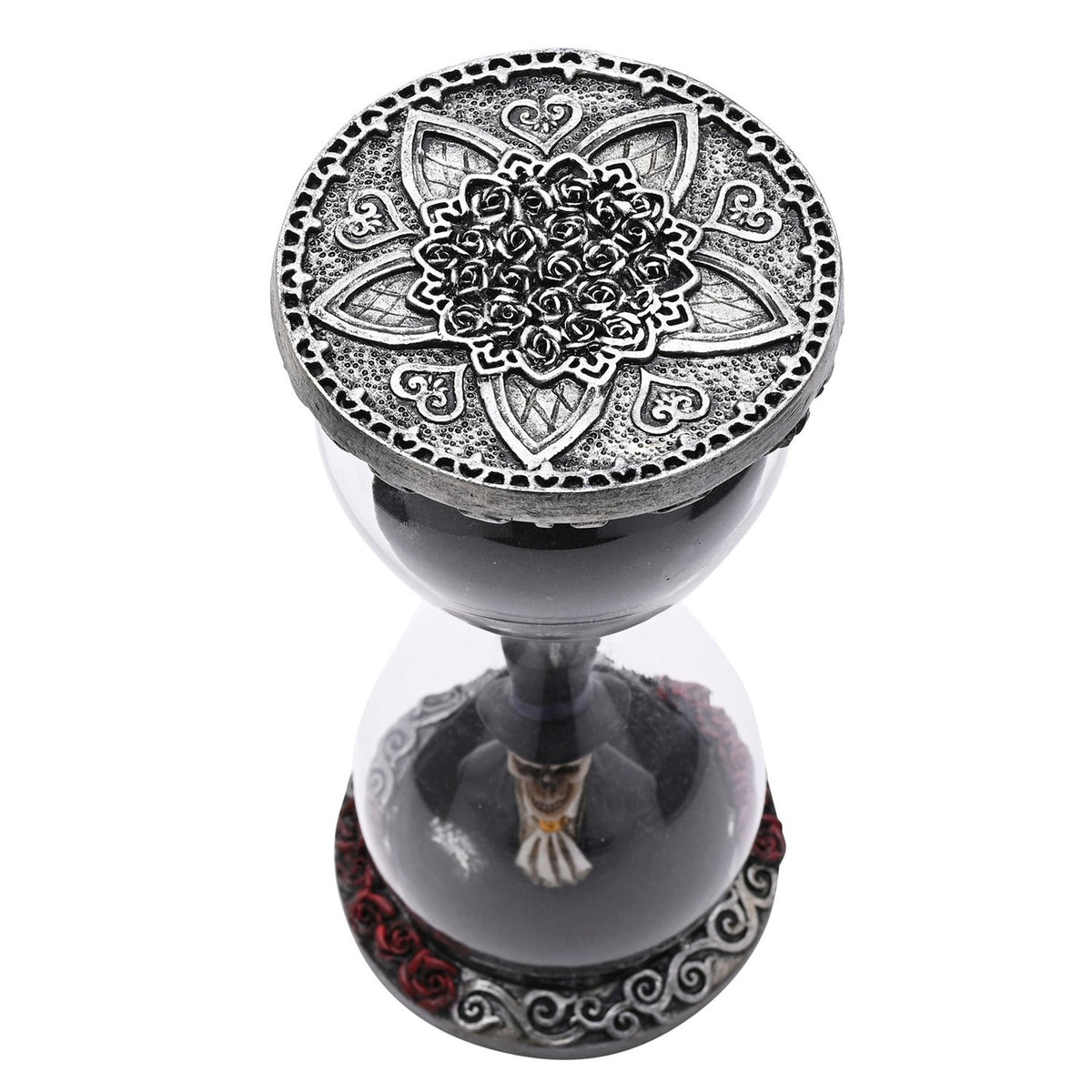 Skeleton and Rose Resin Hourglass with Black Sand - Clear
