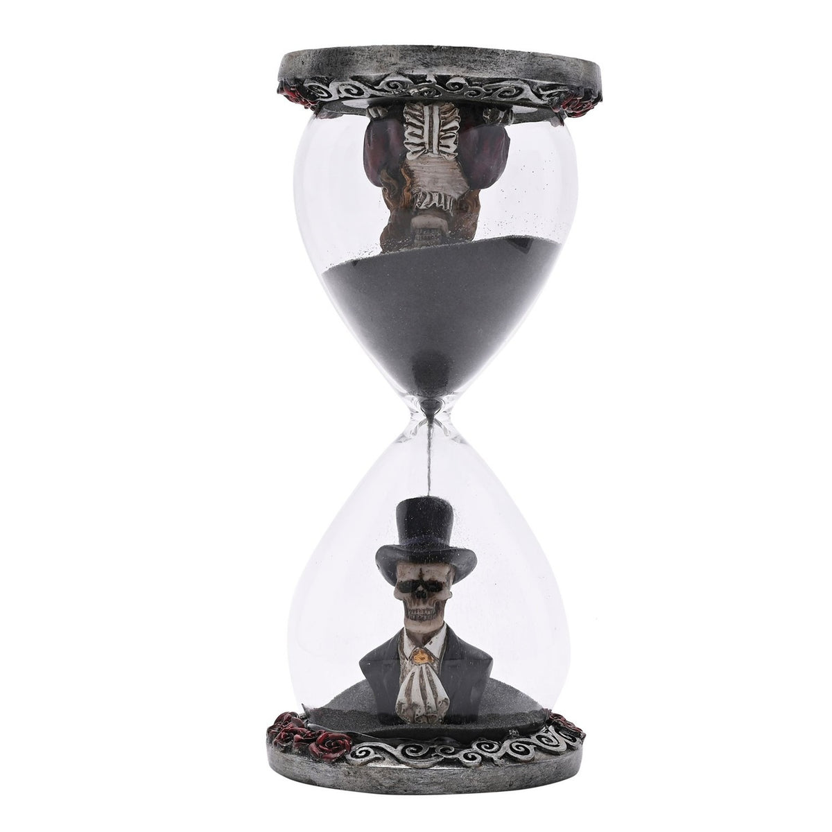 Skeleton and Rose Resin Hourglass with Black Sand - Clear