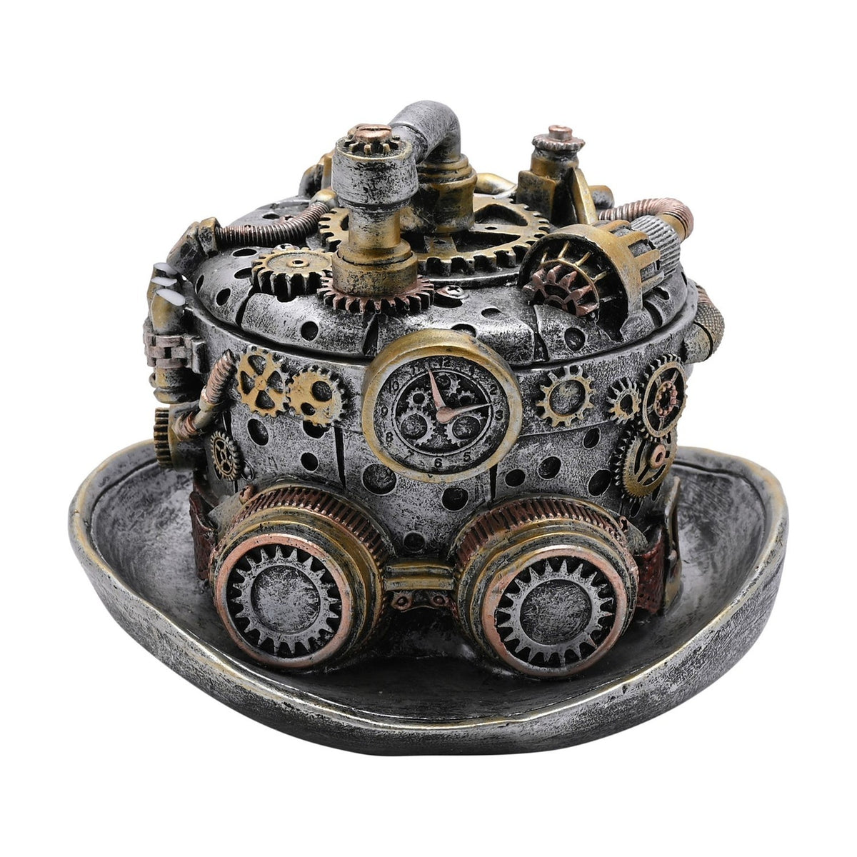 Steampunk Gear Top Hat Resin Trinket Box with Lid - Silver