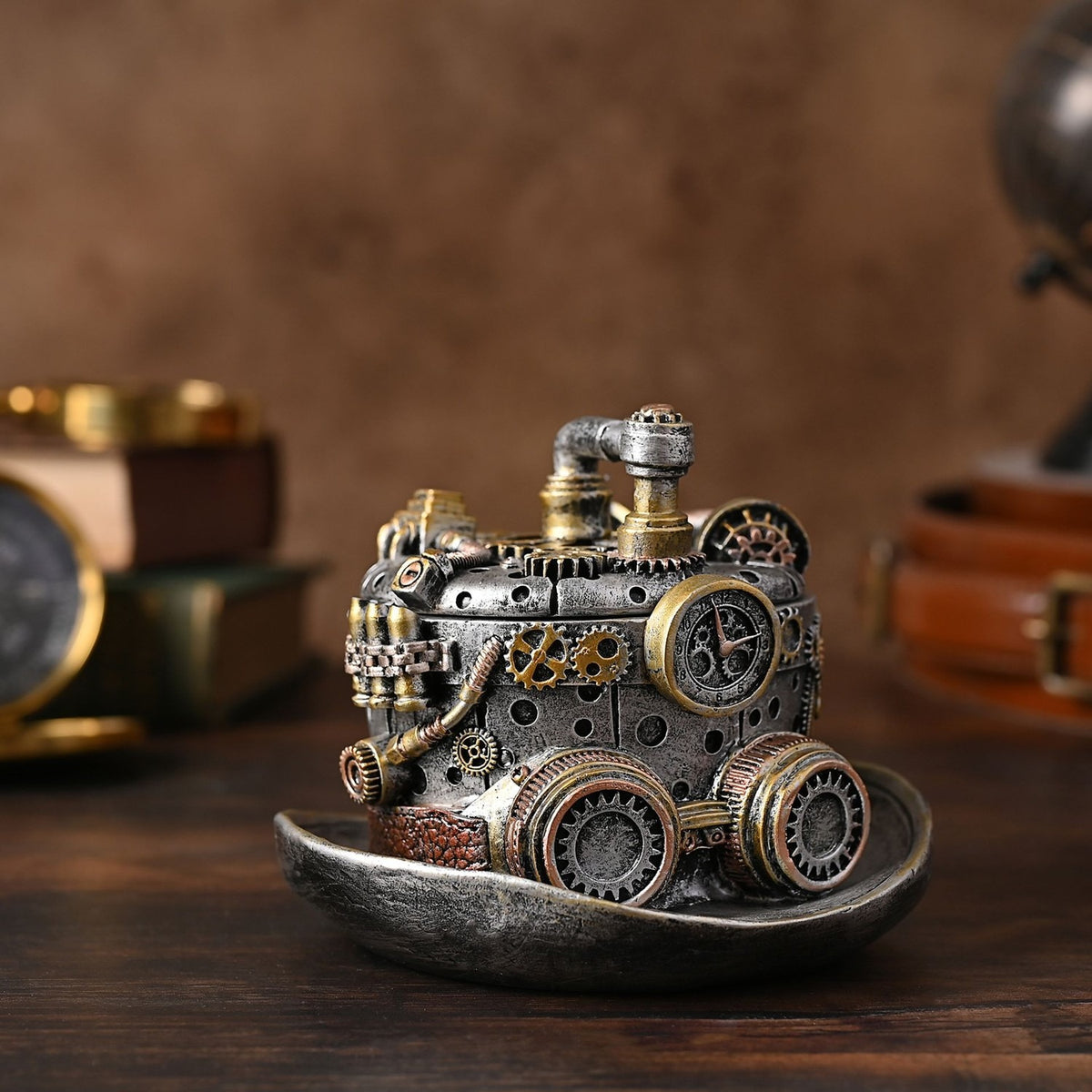 Steampunk Gear Top Hat Resin Trinket Box with Lid - Silver