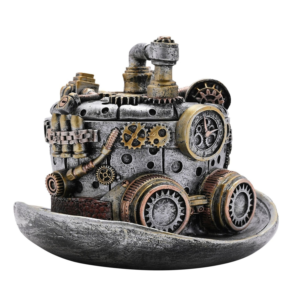 Steampunk Gear Top Hat Resin Trinket Box with Lid - Silver
