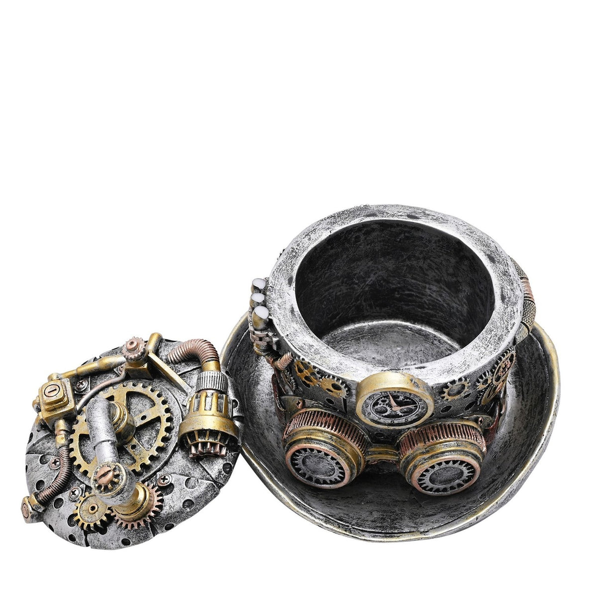 Steampunk Gear Top Hat Resin Trinket Box with Lid - Silver