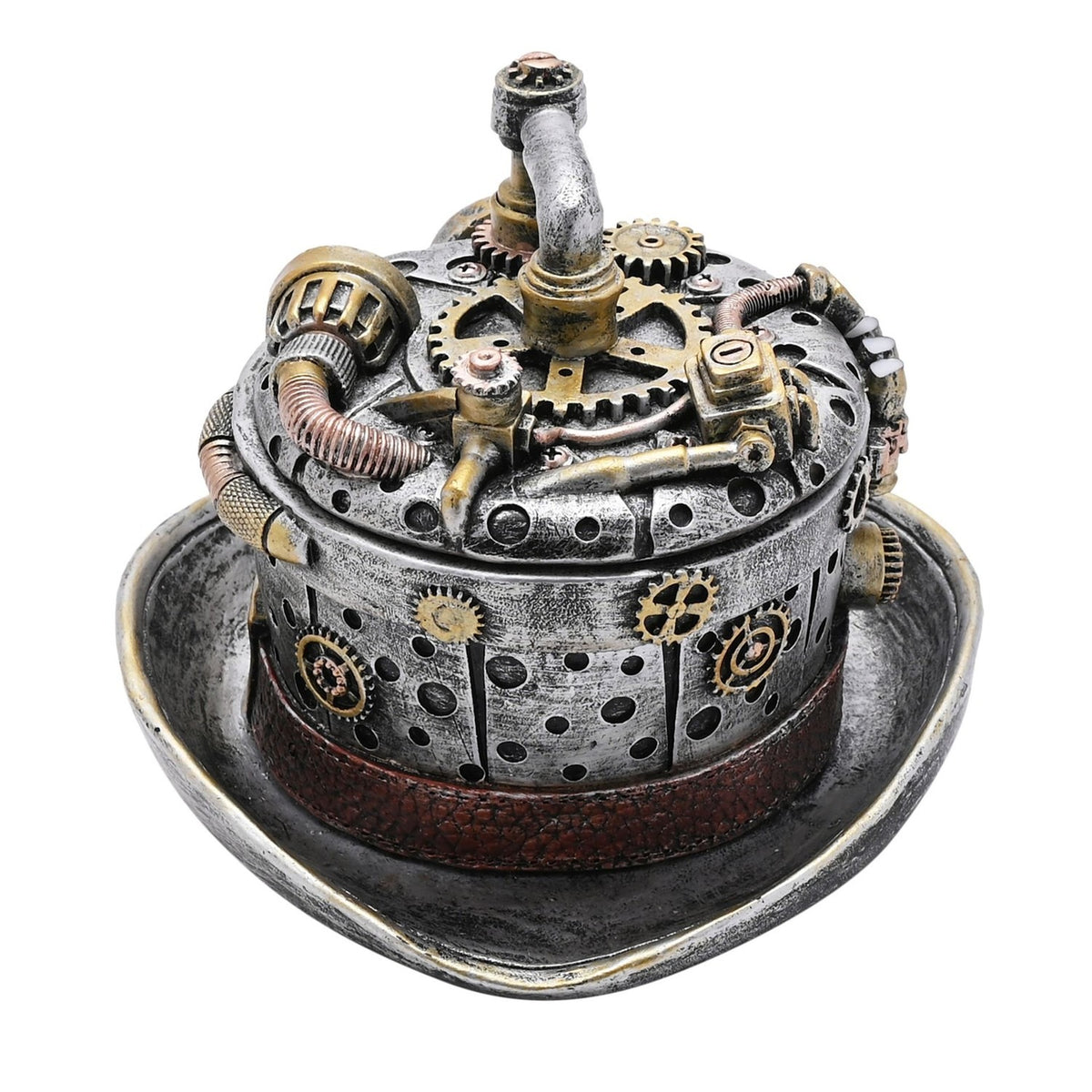 Steampunk Gear Top Hat Resin Trinket Box with Lid - Silver