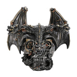 Steampunk Skull & Dragon resin wine and glass holder in silver, with winged dragon draped over a skull featuring gear-filled eye sockets, shown on a white background.