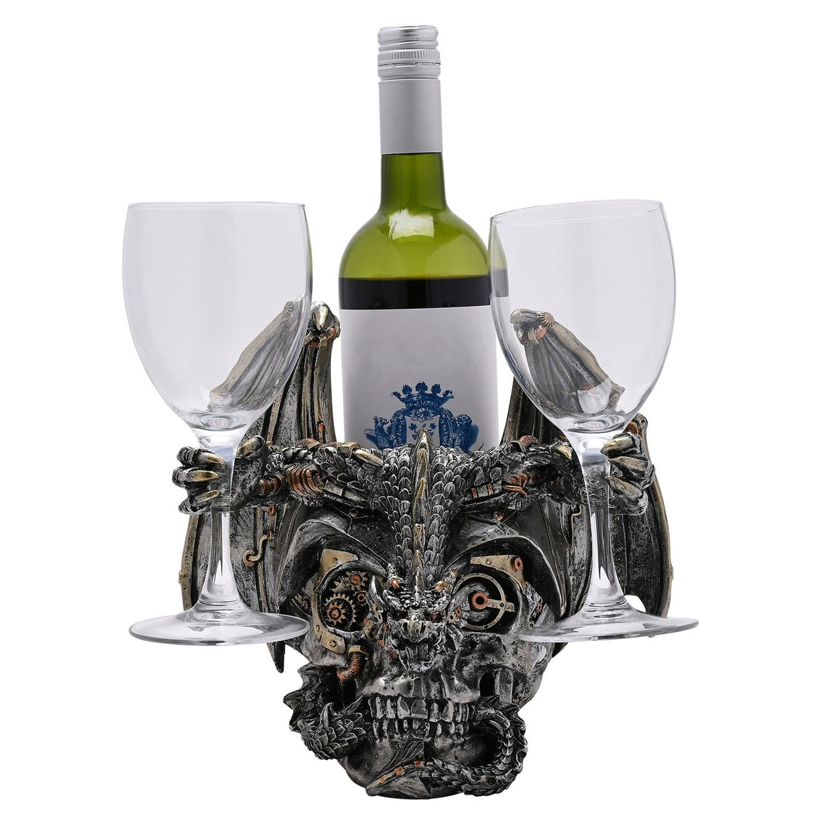 Steampunk Skull & Dragon resin wine and glass holder in silver, with a winged dragon over a gear-eyed skull cradling a bottle and two wine glasses on a white background.