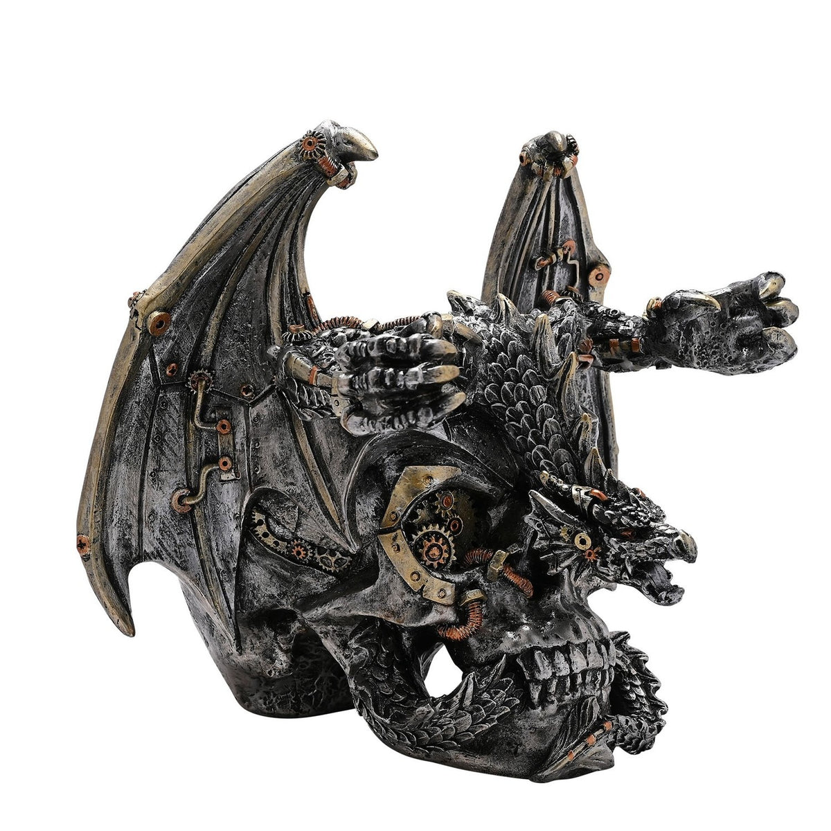 Silver resin wine and glass holder featuring a winged dragon with clawed limbs perched on a gothic skull with gear-filled eye sockets, shown on a white background.