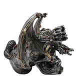 Steampunk Skull & Dragon resin wine and glass holder in silver, a winged dragon with gear-filled eye sockets draped over a grinning skull, shown on a plain white background.