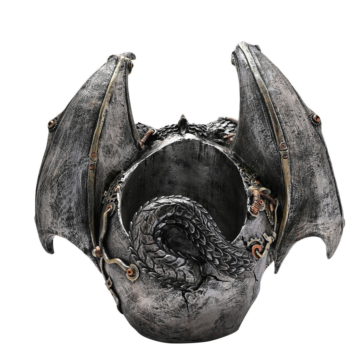 Steampunk Skull & Dragon resin wine and glass holder in silver, showing a winged dragon with coiled tail draped over a skull with gear-filled eye sockets, on a plain white background.