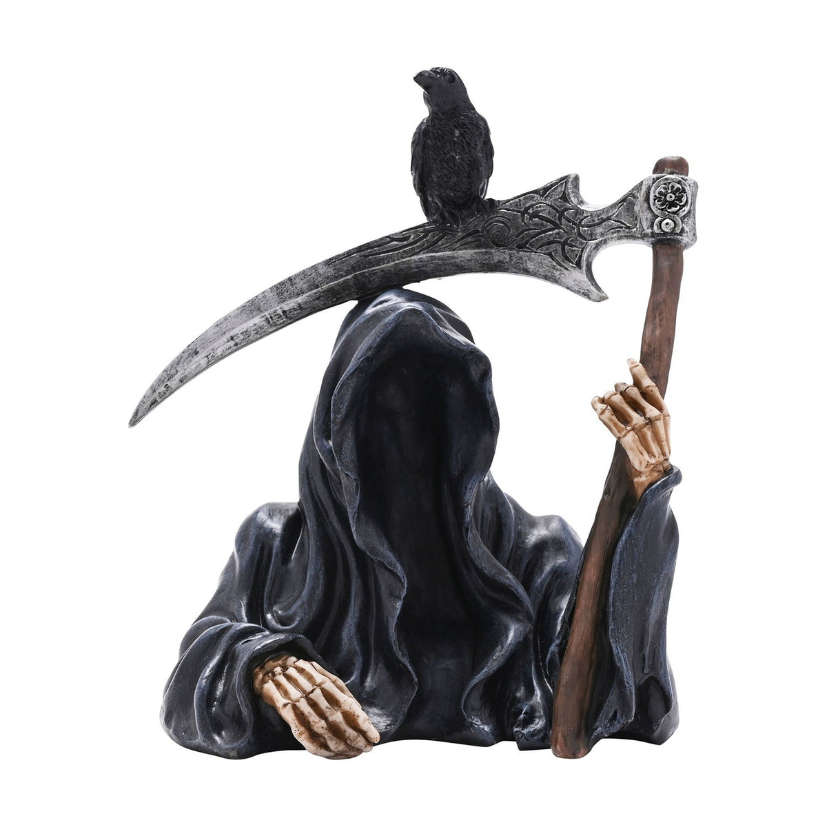 Grim Reaper Resin Figurine with Scythe and Raven - Black