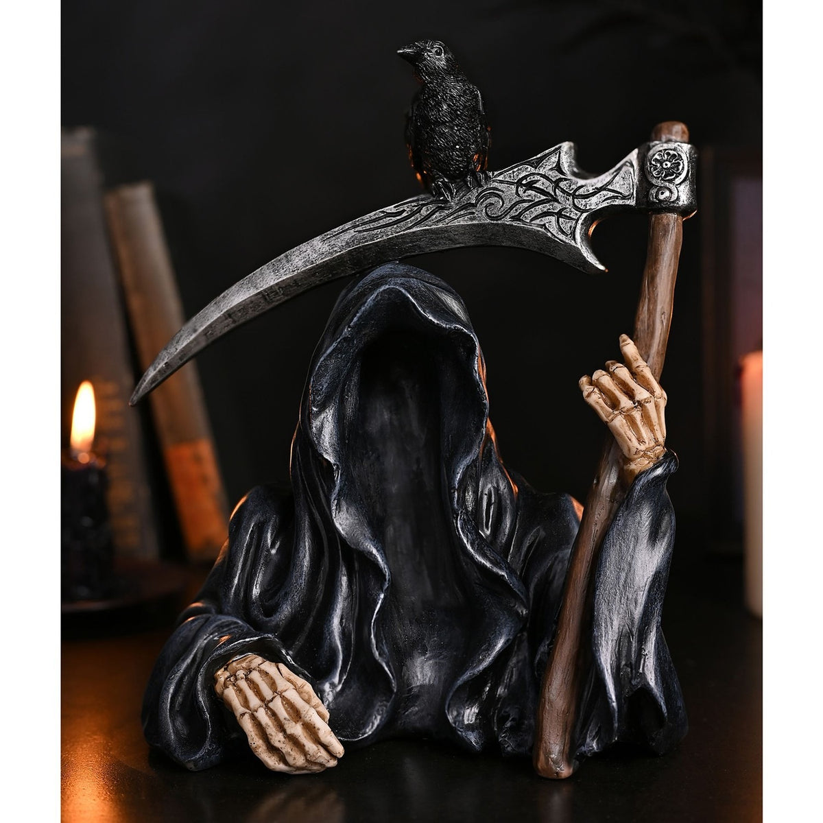 Grim Reaper Resin Figurine with Scythe and Raven - Black
