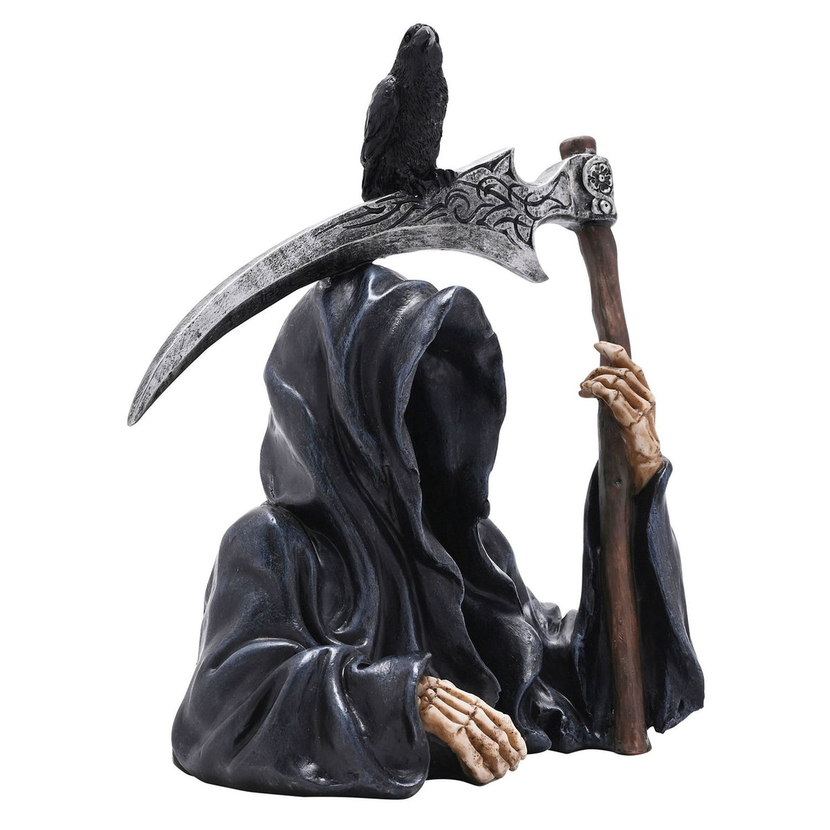 Grim Reaper Resin Figurine with Scythe and Raven - Black