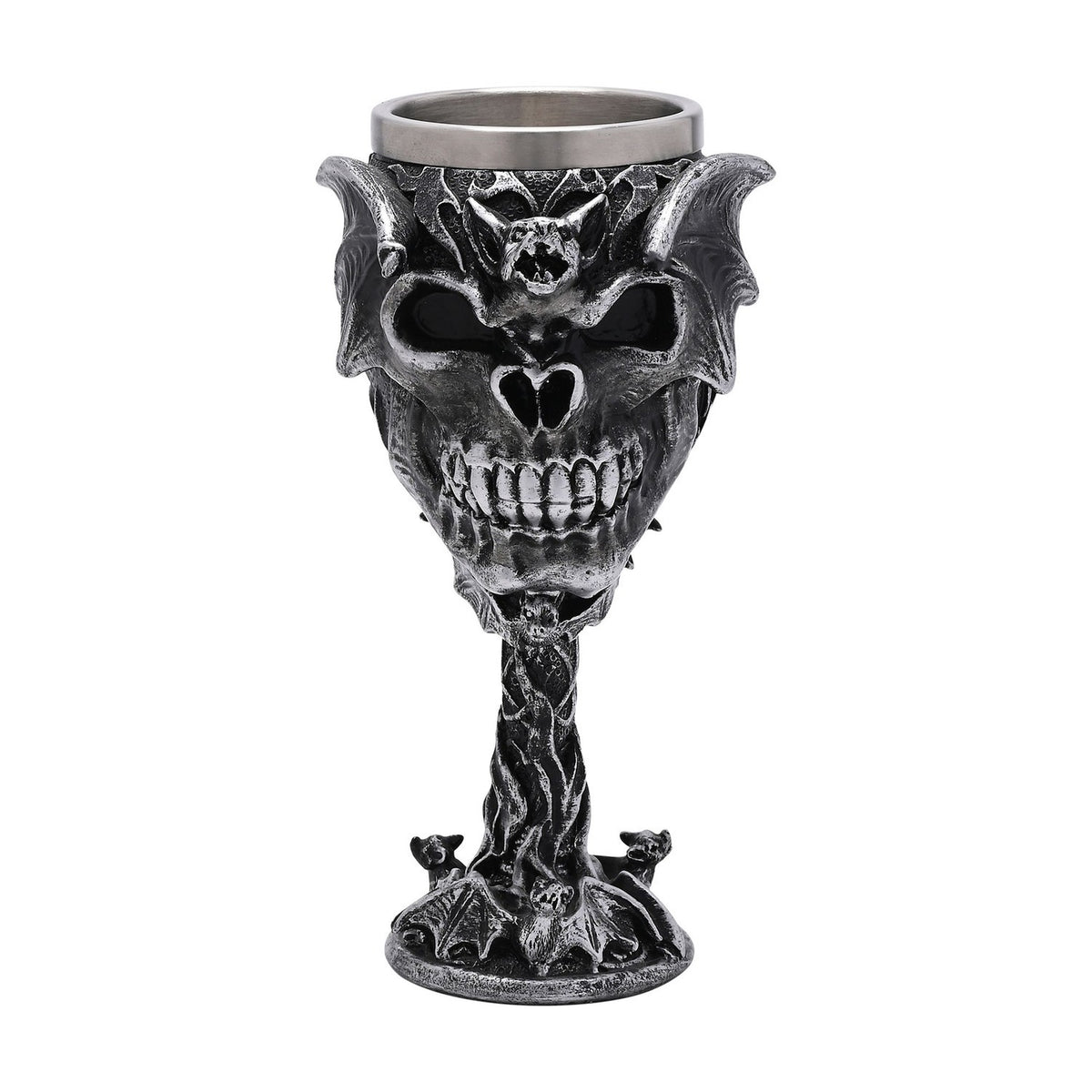 Resin goblet glass in silver with a skull and spread-winged bat design on the cup, twisted branch-like stem, and small bats on the round foot, set against a plain white background.