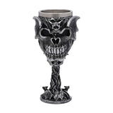 Resin goblet glass in silver with a skull and spread-winged bat design on the cup, twisted branch-like stem, and small bats on the round foot, set against a plain white background.
