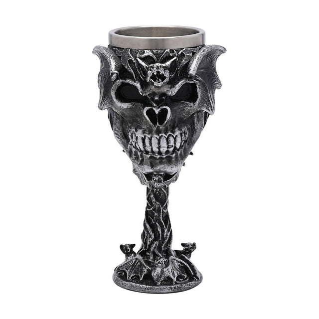 Resin goblet glass in silver with a skull and spread-winged bat design on the cup, twisted branch-like stem, and small bats on the round foot, set against a plain white background.