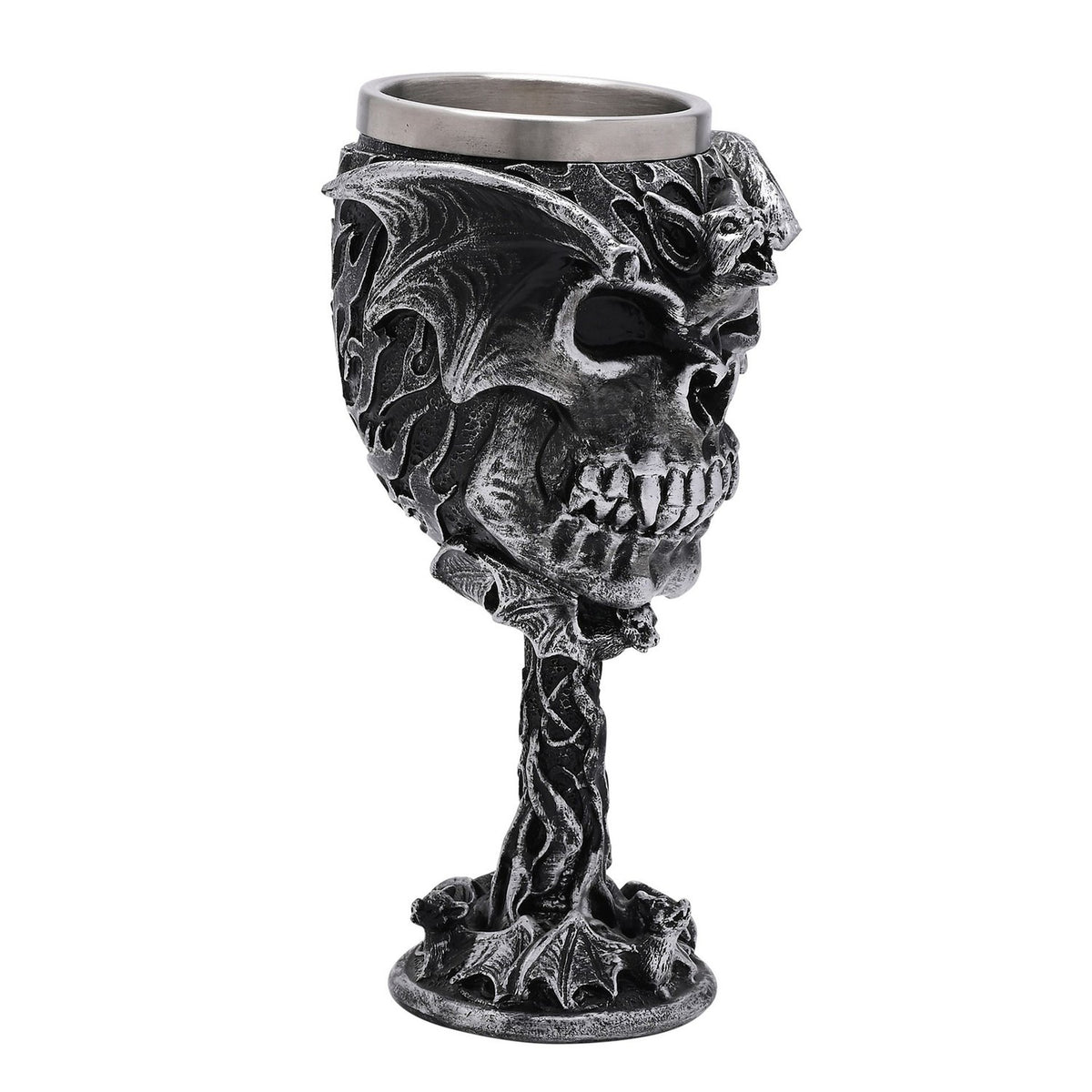 Resin goblet glass with a silver finish, featuring a bat-topped skull design, bat wings around the cup, a twisted stem, and a bat-detailed round foot, shown on a plain white background.