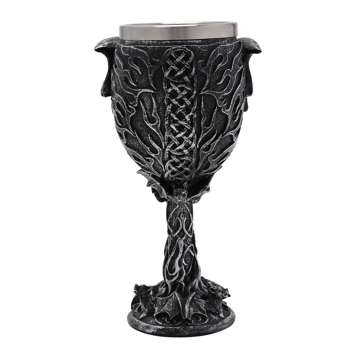 Resin goblet with stainless steel rim, featuring a skull and bat motif, Celtic knotwork, a twisted branch stem, and small bats on the round base.