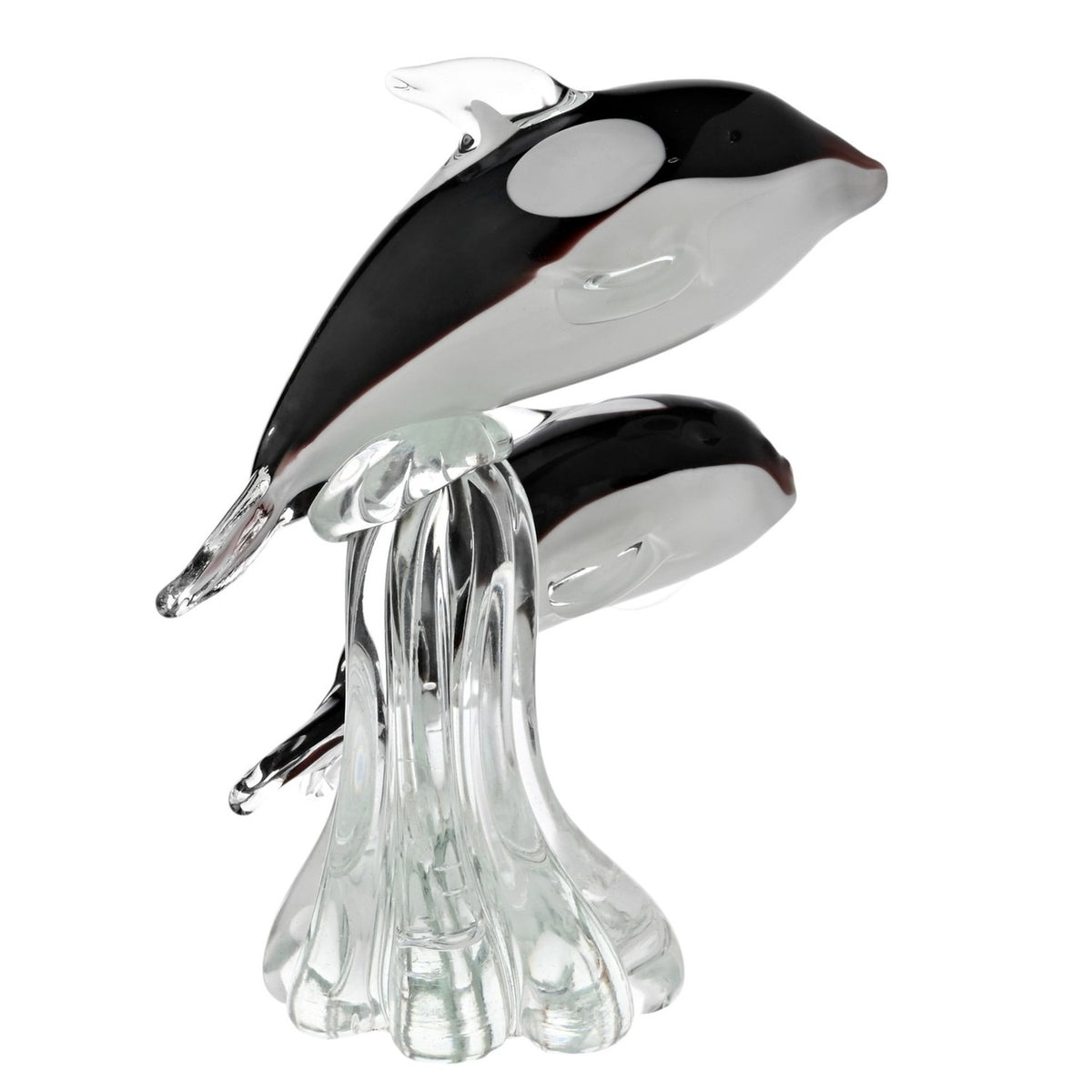 Jumping Whale Duo Glass Figurine with Clear Base - Black
