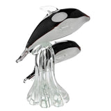 Jumping Whale Duo Glass Figurine with Clear Base - Black