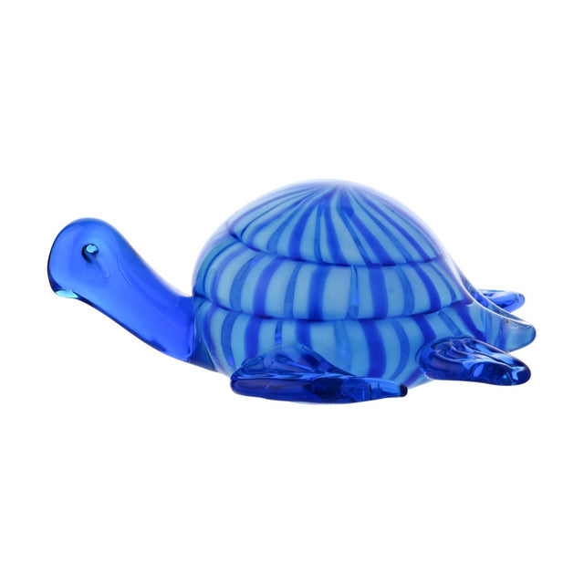 Glass turtle figurine with a domed shell banded in cobalt and pale blue stripes across two tiers, clear blue head and flippers, shown on a plain white background.