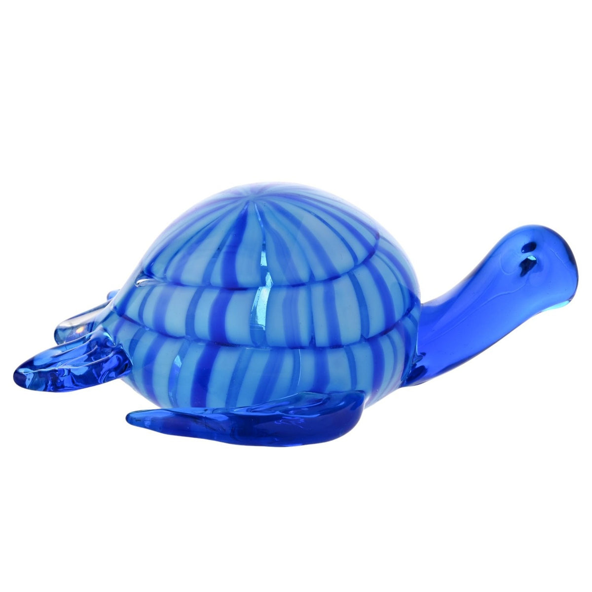 Striped Shell Turtle Glass Figurine in blue, with a domed, banded cobalt and pale blue shell, clear cobalt head and flippers, shown on a plain white background.