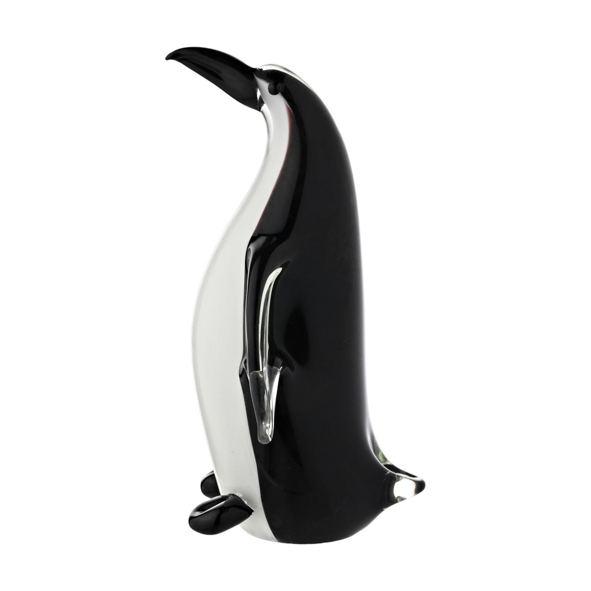 Tall glass penguin figurine with black back and beak, white front, and clear glass flippers, standing upright on a plain white background.