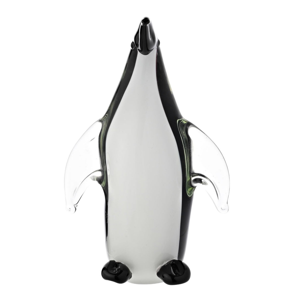 Tall glass penguin figurine with black back and head, white front, and clear glass flippers, upright pose with beak raised, on a plain white background.