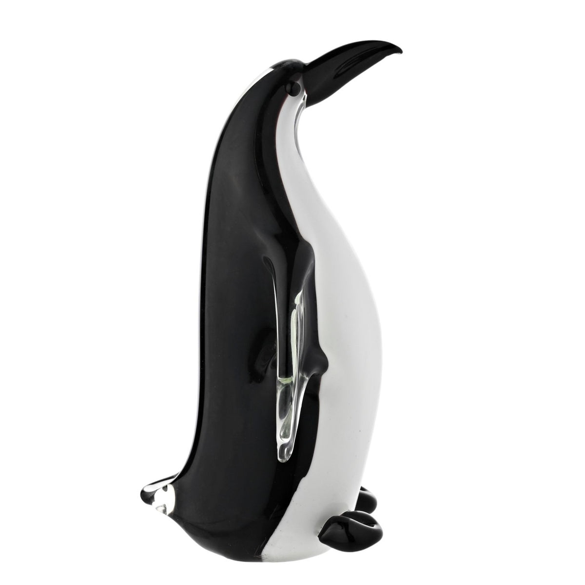 Tall Penguin Glass Figurine in black and white, with clear glass flippers at its sides and beak tipped upward, shown against a plain white background.