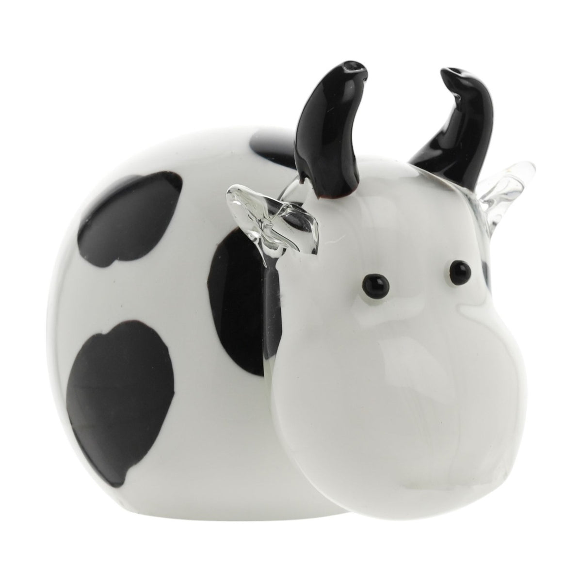 Spotted Horned Cow Glass Figurine with Clear Ears - White