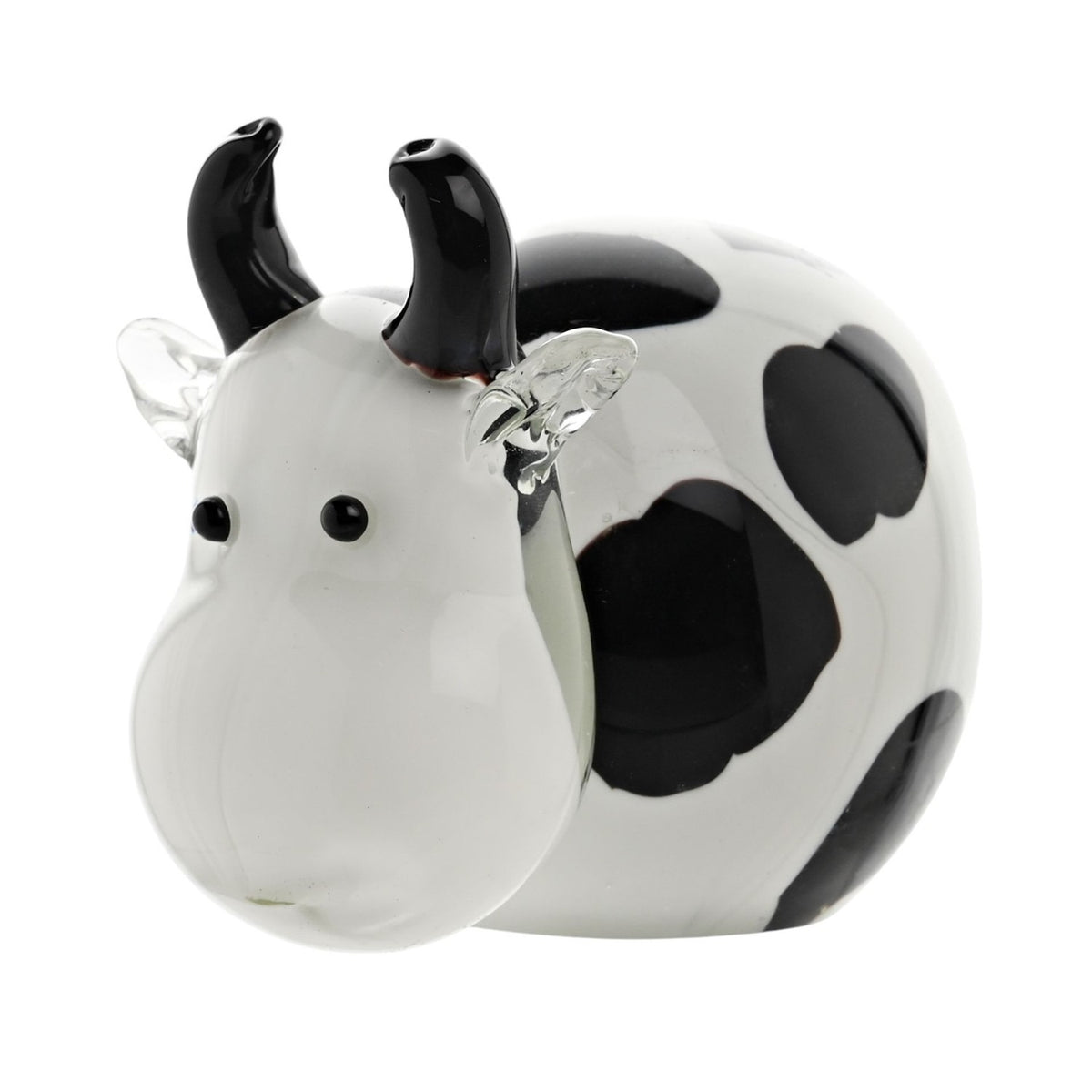 Spotted Horned Cow Glass Figurine with Clear Ears - White