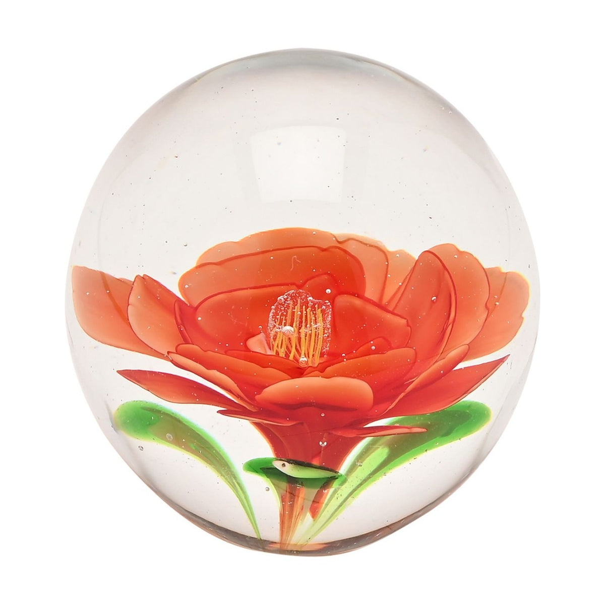 Flower Glass Paperweight with Green Leaves - Clear & Orange