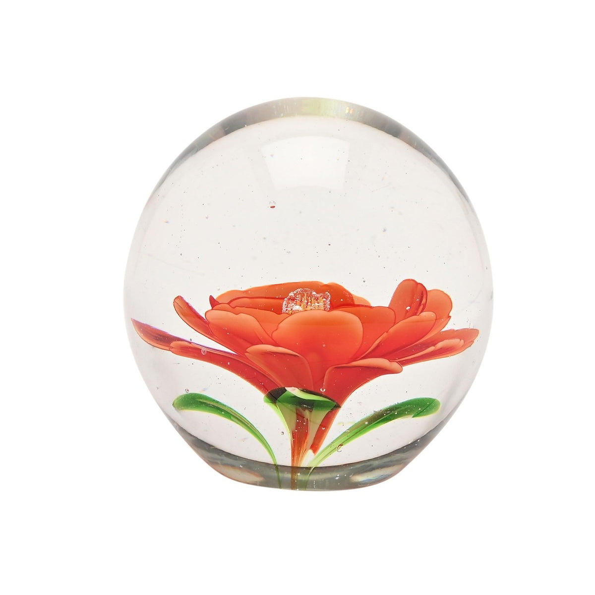 Flower Glass Paperweight with Green Leaves - Clear & Orange