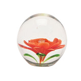 Flower Glass Paperweight with Green Leaves - Clear & Orange