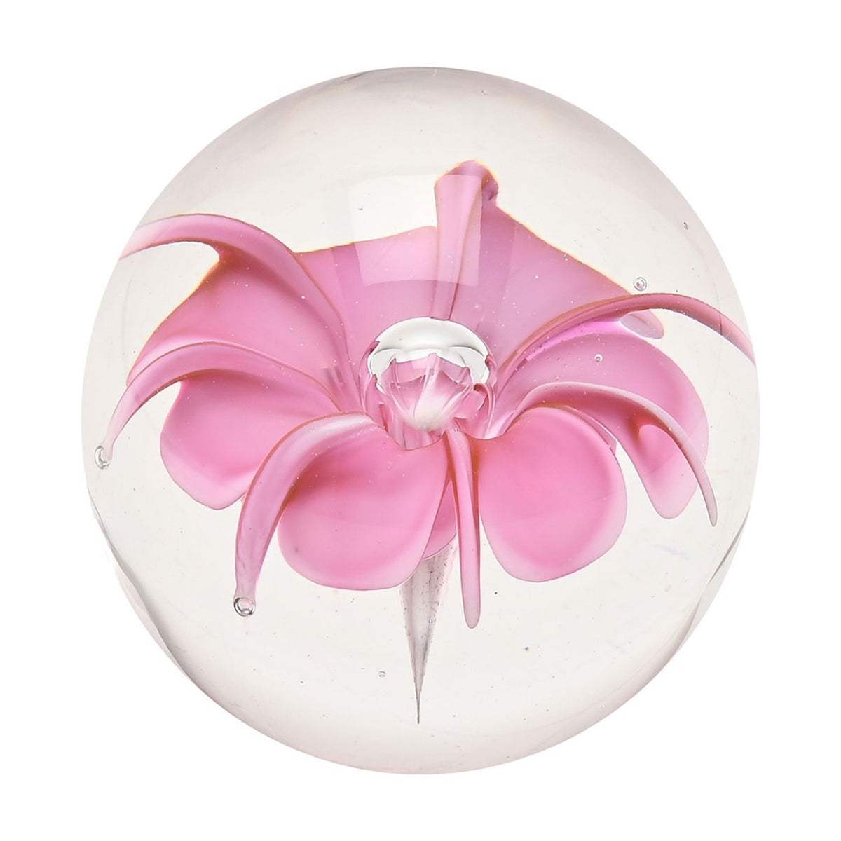 Round clear glass paperweight with a pink flower design, curled petal tips and a clear centre bead, set against a plain white background.