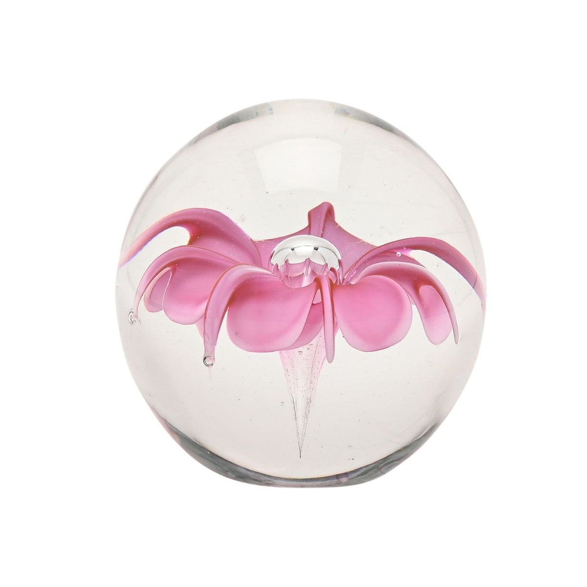 Round clear glass paperweight with an encased pink flower design, curled petal tips, and a clear centre bead, shown on a plain white background.