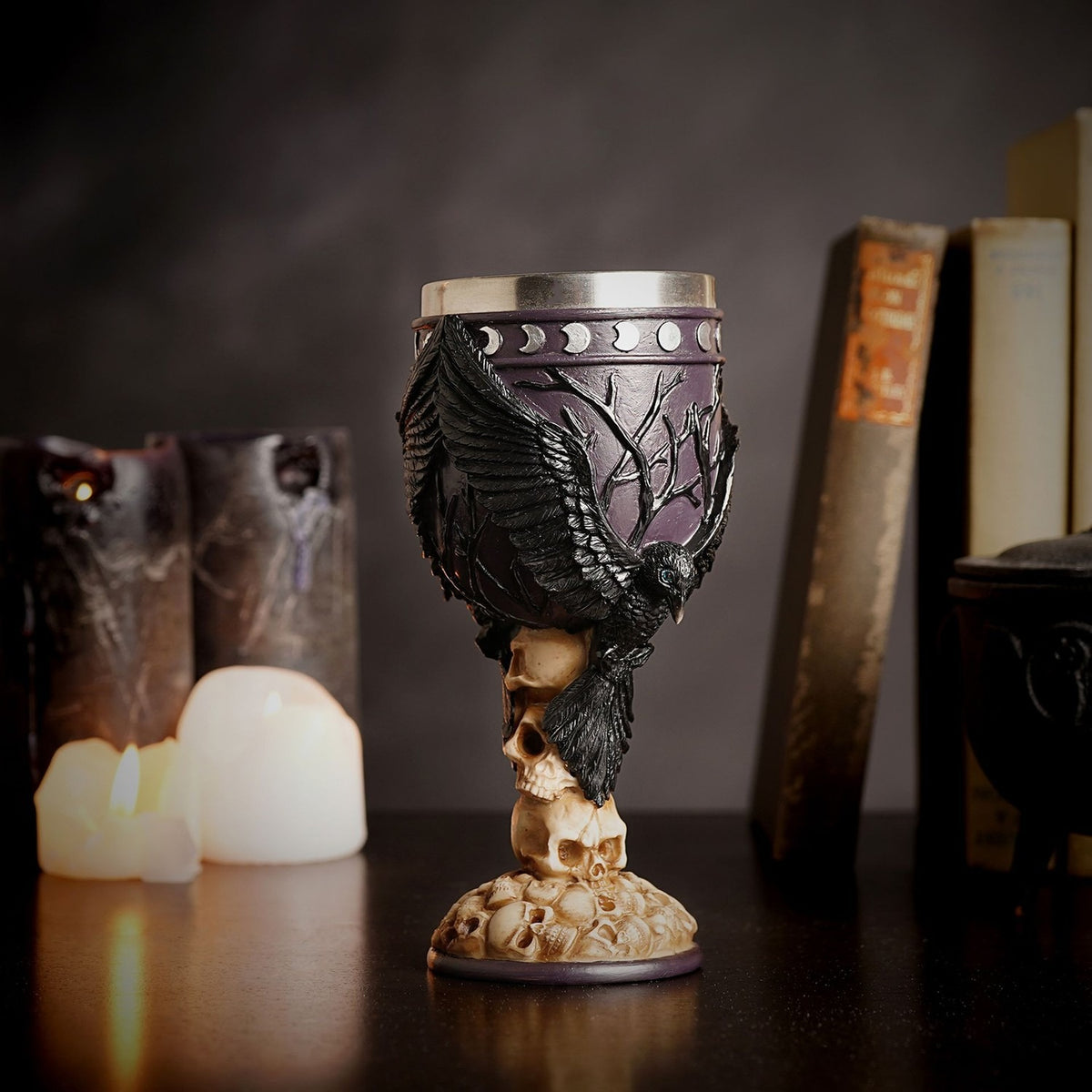 Crow and Skulls Resin Goblet Glass 160ml - Black & Beige