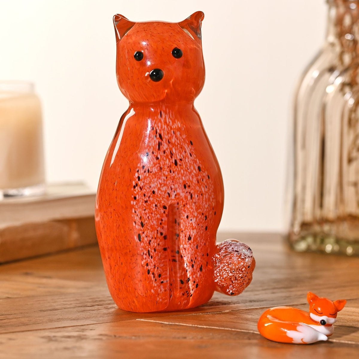 Seated Fox Glass Figurine with Speckled Chest - Orange