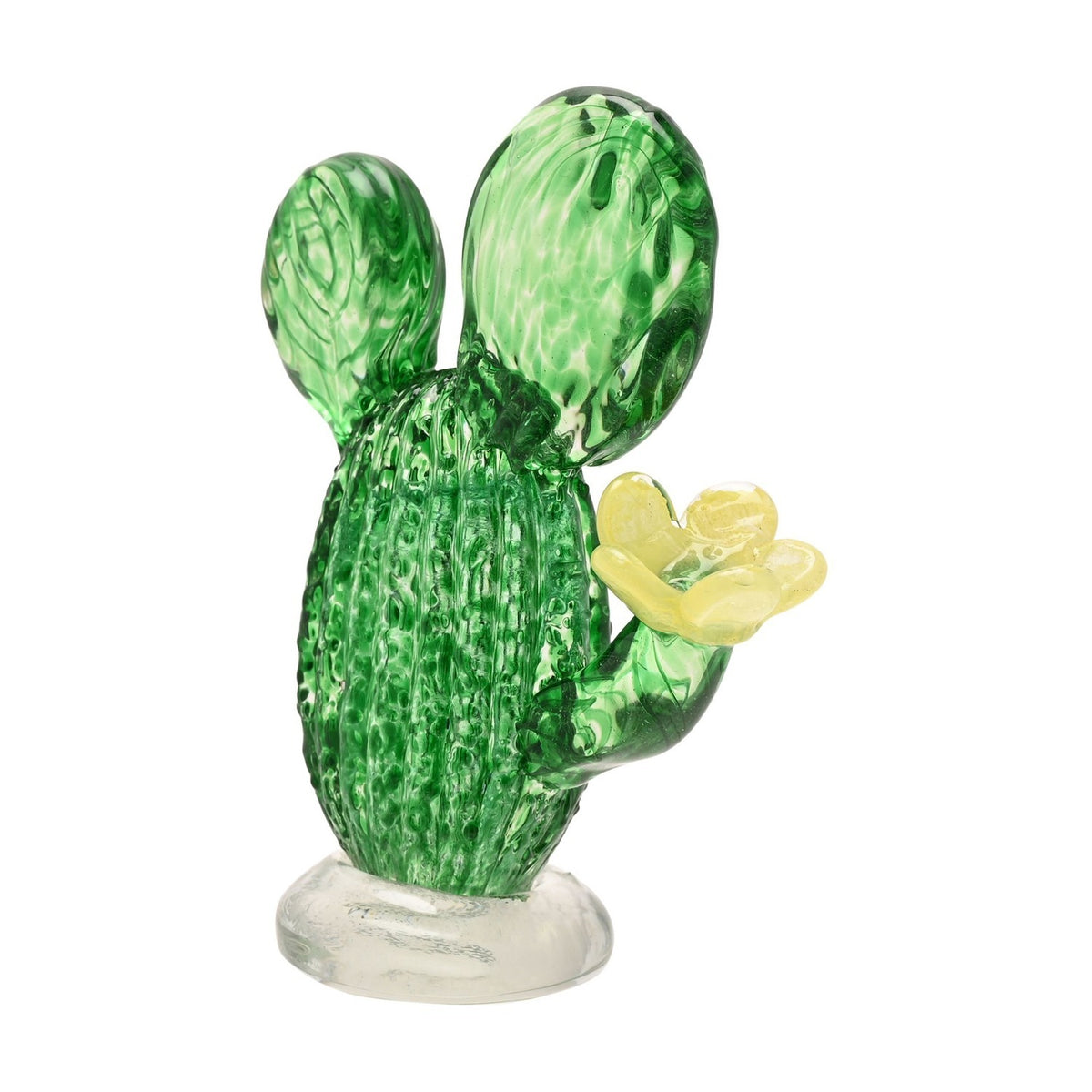 Cactus Glass Figurine with Yellow Flower 13.9cm - Green