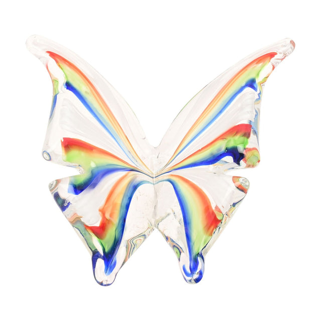 Clear glass butterfly figurine with open V-shaped wings featuring rainbow stripes of red, orange, green and blue, shown on a plain white background.
