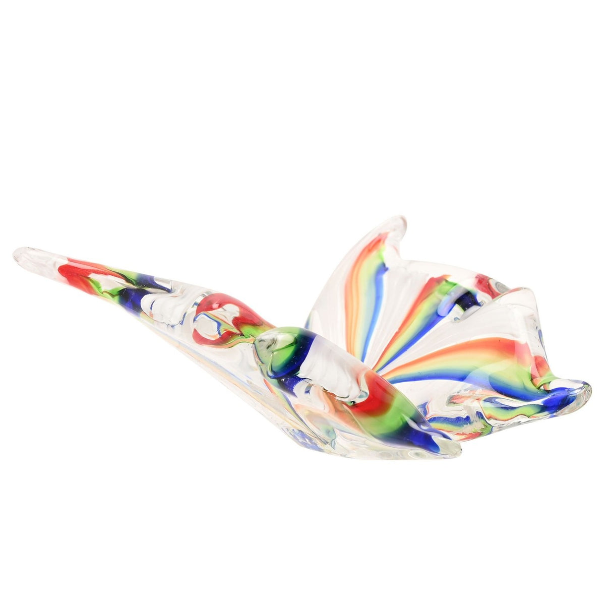 Clear glass butterfly figurine with open V-shaped wings featuring rainbow stripes of red, orange, green and blue, pointed upper wings and rounded lower wings, on a plain white background.