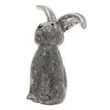 Floppy Eared Sitting Rabbit Flecked Glass Figurine in grey, with one upright and one curled ear, black eyes and nose, on a plain white background.