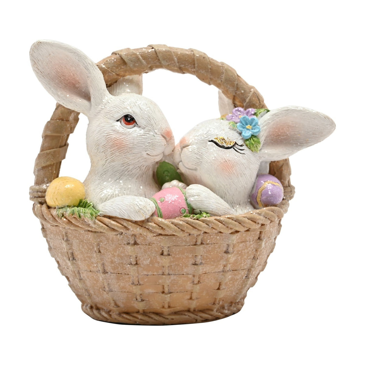 Bunnies in a Basket Resin Figurine with Eggs - Brown & White