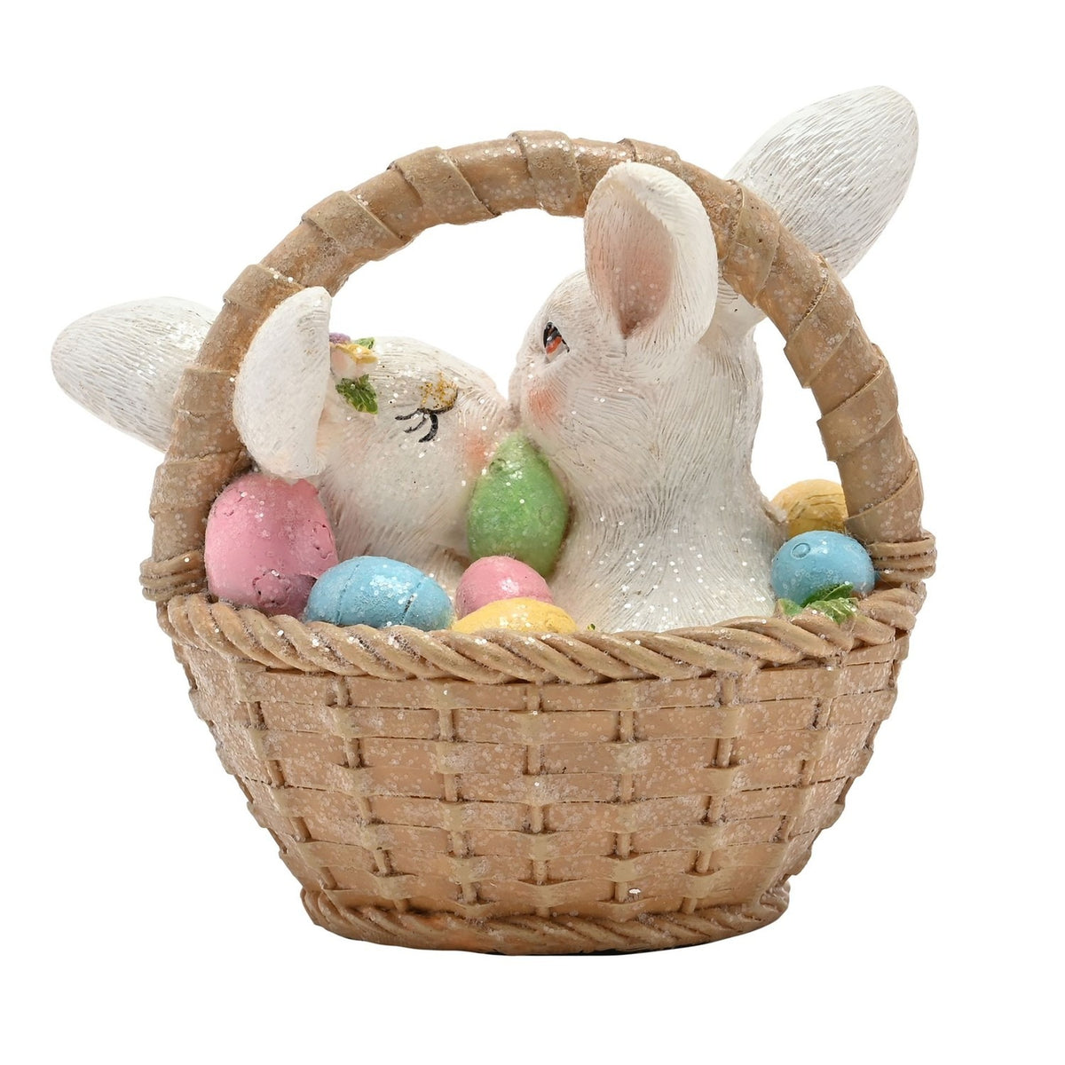 Bunnies in a Basket Resin Figurine with Eggs - Brown & White