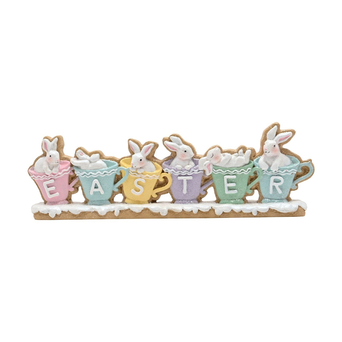 Easter Bunnies in Pastel Teacups Resin Mantel Plaque