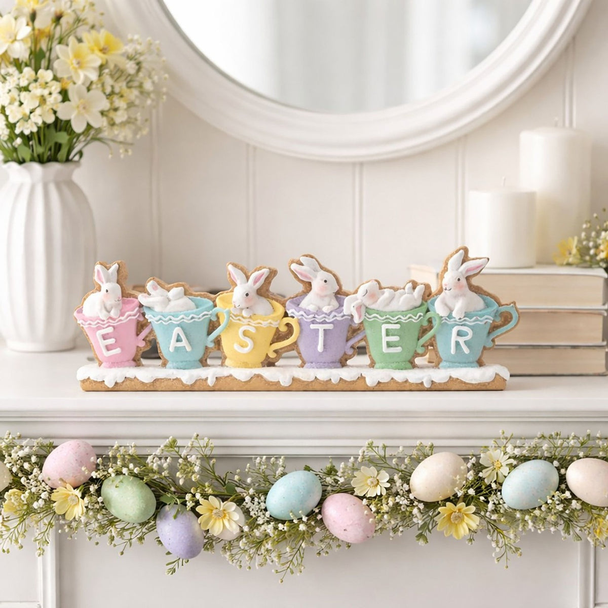 Easter Bunnies in Pastel Teacups Resin Mantel Plaque